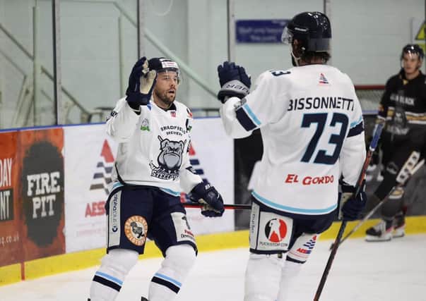 WHAT A PAIR: Jason Hewitt, left, and line-mate Matt Bissonnette have combined well for Sheffield Steeldogs this season. Picture courtesy of Peter Best.