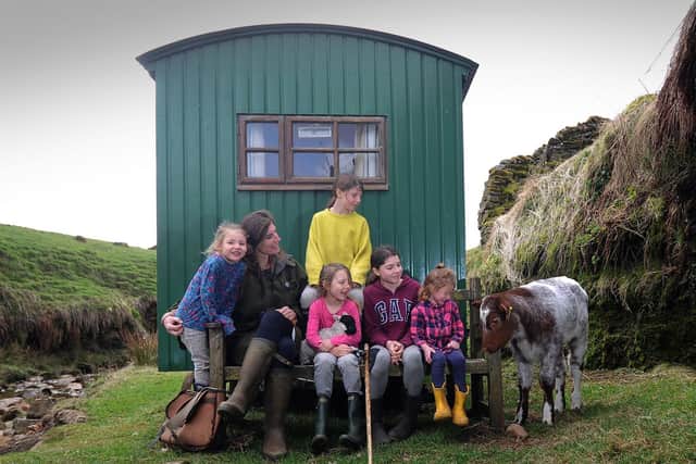 Amanda and her youngest children at home on Ravenseat Farm