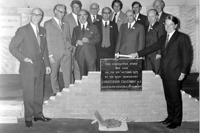 The Right Hon. Christopher Chattaway, MP then Minister for Industrial Development, lays the foundation stone for Miers new factory in Cross Green in October 1973. PIC: West Yorkshire Archive Service