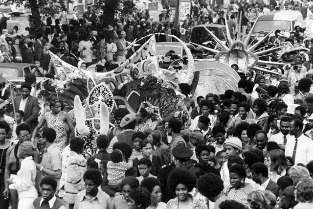 The Leeds West Indian Carnival parade makes its way down Chapeltown Road in August 1973.