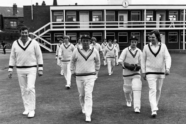 Captain Doug Padgett leads out the Yorkshire CC players at Headingley in April 1973.