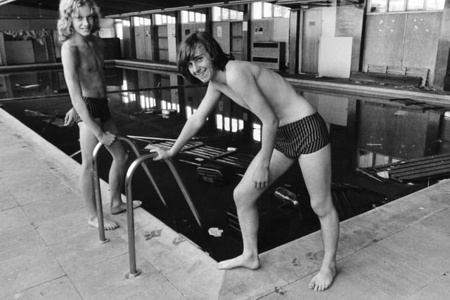 Pupils at Temple Moor High were banned from using the school's swimming pool which was littered with floating debris. Pictured, unable to take the plunge, are Mike Beardsall (left) and Phil Johnson.