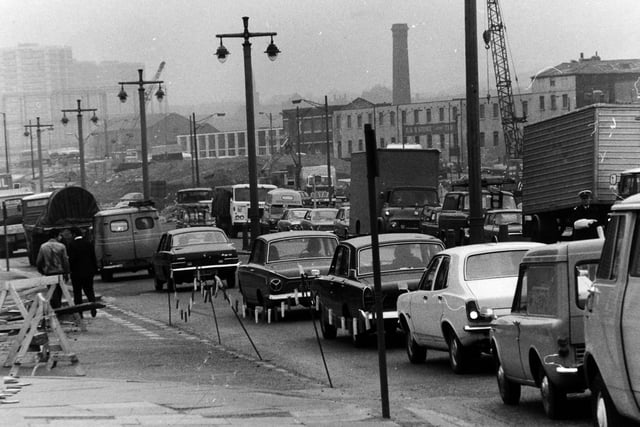 Morning rush hour on Westgate in April 1973.