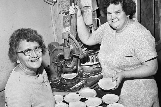Edna Ashurst, left, making pies in her bakers and confectioners shop with assistant, Dorothy McChrystal, in January 1972.
Edna worked in the Belle Green Lane shop for 43 years and bought it 20 years previously.