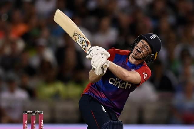 England captain Eoin Morgan hits out for six runs during the Third Vitality International T20 match between England and Pakistan at Emirates Old Trafford on July 20, 2021 in Manchester, England. (Picture: Gareth Copley/Getty Images)