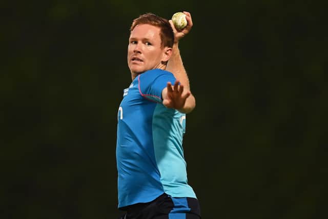 Eoin Morgan of England throws the ball during a fielding drill ahead of the ICC Men's T20 World Cup match between England and West Indies at ICC Academy on October 22, 2021 in Dubai, United Arab Emirates. (Picture: Alex Davidson/Getty Images)