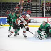 MAGIC MOMENT: Liam Kirk pokes the puck home in the 20th minute to give Tucson Roadrunners the lead against Texas Stars. Picture courtesy of Tucson Roadrunners/Kate Dibildox.
