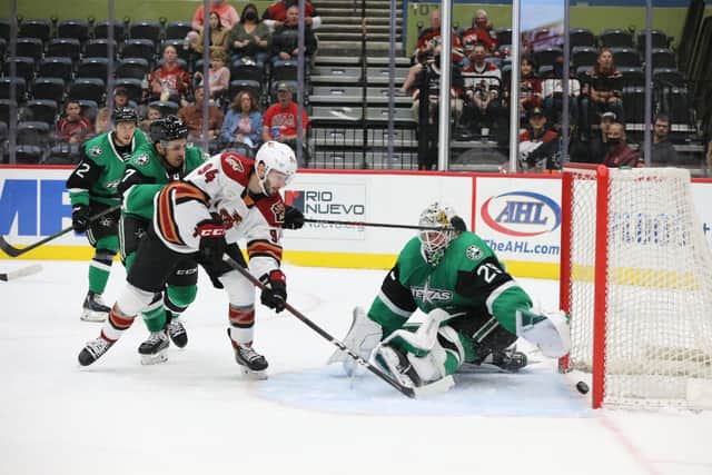 MAGIC MOMENT: Liam Kirk pokes the puck home in the 20th minute to give Tucson Roadrunners the lead against Texas Stars. Picture courtesy of Tucson Roadrunners/Kate Dibildox.