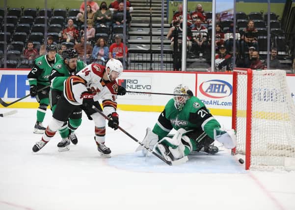 MAGIC MOMENT: Liam Kirk pokes the puck home in the 20th minute to give Tucson Roadrunners the lead against Texas Stars. Picture courtesy of Tucson Roadrunners/Kate Dibildox.