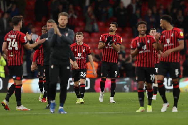 Bournemouth's Dominic Solanke (centre) applauds the fans after the final whistle after beating Huddersfield Town 3-0. Picture: Kieran Cleeves/PA