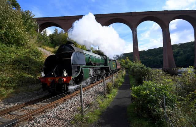 The Sr15 Class no 825 Steam Locomotive passes under the Larpool Viaduct, Whitby. (Tech Data Nikon D5 camera, 12-24mm lens, 1000th sec at F8, iso 400) Picture Simon Hulme
