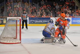GETTING AHEAD: Anthony DeLuca puts Sheffield Steelers 2-1 up against Fife Flyers at Sheffield Arena on Sunday night. Picture: Dean Woolley/EIHL.