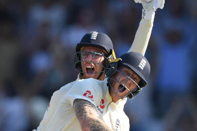 England batsman Ben Stokes and Jack Leach celebrate victory in the test match by 1 wicket after Stokes had hit the winning runs during day four of the 3rd Ashes Test Match between England and Australia at Headingley on August 25, 2019 in Leeds, England. (Picture: Stu Forster/Getty Images)