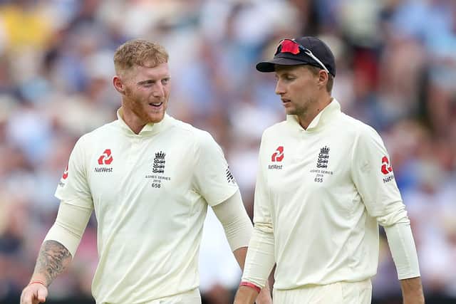 WELCOME BACK: England's Ben Stokes (left) and captain Joe Root chat during day four of the Ashes Test match at Edgbaston back in 2019. Picture: Nick Potts/PA