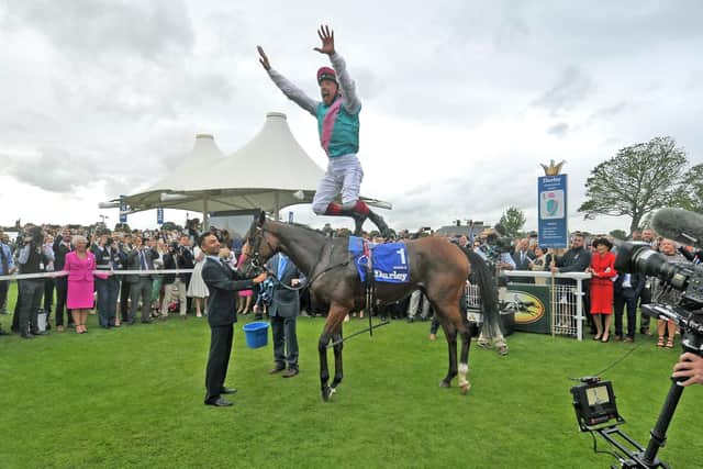 Frankie Dettori celebrates after Enable wins the Yorkshire Oaks on the Knavesmire in August 2019. Photo: Tony Johnson.