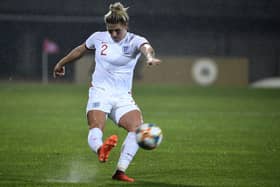 England's Millie Bright in action during the 2023 Women's World Cup Qualifying match between Latvia and England. (AP Photo/Roman Koksarov)