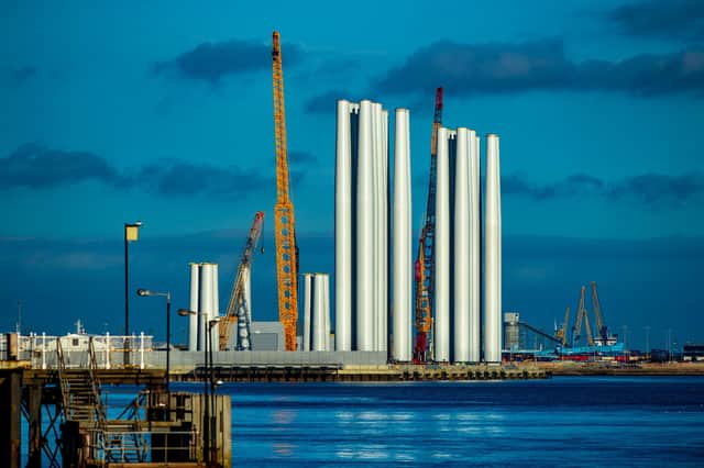 Giant blades for their gigantic offshore wind turbine towers which can be seen dominating the skyline on the edge of Alexandra Dock, Hull.Camera Details:Camera, Nikon D4Lens, Nikon 300mm, with a Nikon 1.4 Nikon TeleconverterShutter Speed, 1/1250 secAperture, F/5,6ISO, 100 Picture James Hardisty.