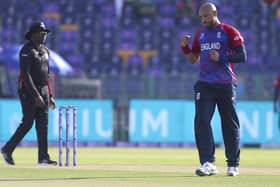 England's Dewsbury-born Tymal Mills reacts after dismissing Bangladesh's Mustafizur Rahman during the Cricket Twenty20 World Cup match between England and Bangladesh in Abu Dhabi, UAE on Wednesday. Picture: AP Photo/Aijaz Rahi.