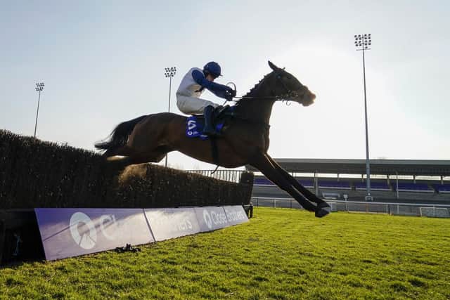 Clondaw Castle ridden by Jonathan Burke clears the last to win The Close Brothers Handicap Chase at Kempton in February.
