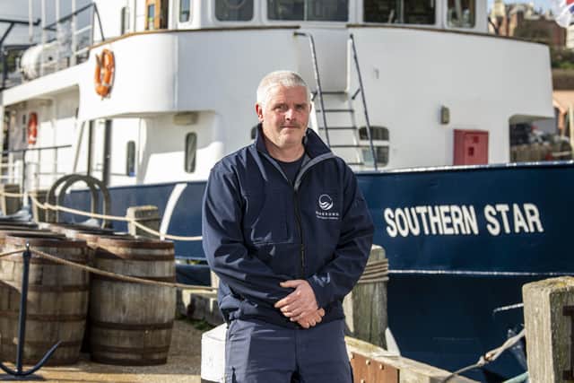 Wave Crookes director and operations co- founder with the Southern Star in  the background. 
 Seagrown is developing sustainable seaweed farms off the coast of Scarborough
Picture Tony Johnson