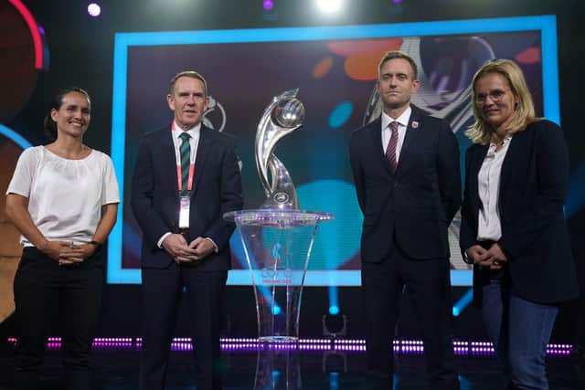 WE'LL MEET AGAIN: Group A, left to right, Austria head coach Irene Fuhrmann, Northern Ireland head coach Kenny Shiels, Norway head coach Martin Sjogren and England head coach Sarina Wiegman during the UEFA Women's Euro 2022 draw at O2 Victoria Warehouse, Manchester. Picture: Nick Potts/PA
