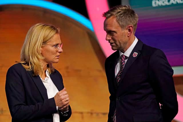 Group A, England head coach Sarina Wiegman (left) and Norway head coach Martin Sjogren during the UEFA Women's Euro 2022 draw at O2 Victoria Warehouse, Manchester. Picture: Nick Potts/PA