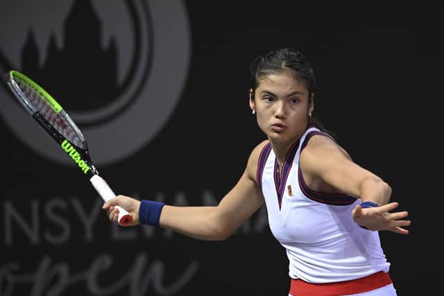 Straightforward success: Britain's Emma Raducanu, on her way to victory over Romania's Ana Bogdan at the Transylvania Open WTA tournament in Cluj. (AP Photo/Raed Krishan)