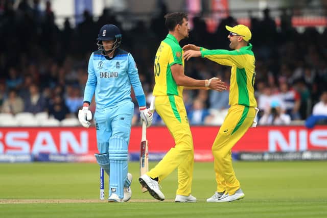 Key wicket: Australia's Mitchell Starc celebrates taking the wicket of England's Joe Root during the ICC Cricket World Cup group stage match at Lord's in 2019. Picture: PA
