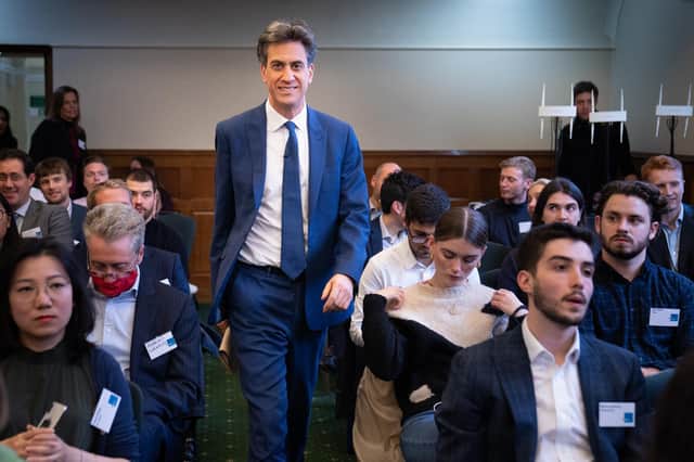 Shadow Secretary of state for business, energy and industrial strategy Ed Miliband arrives to deliver a speech and take part in a panel discussion at Church House in Westminster, London. (PA)