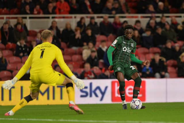 Off the mark: Barnsley’s Aaron Leya Iseka scored his first Championship goal against Sheffield United and that could provide the perfect lift for player and club according to Sue Smith.Picture: Jonathan Gawthorpe
