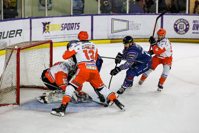 Sheffield Steelers' Davey Phillips defends the visitors goal in the first period. Picture: Mark Ferris/EIHL.