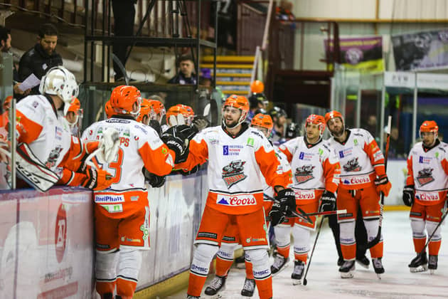 Sheffield Steelers' Adrian Saxrud-Danielsen celebrates his goal early in the third period against Manchester Storm. Picture: Mark Ferriss/EIHL.