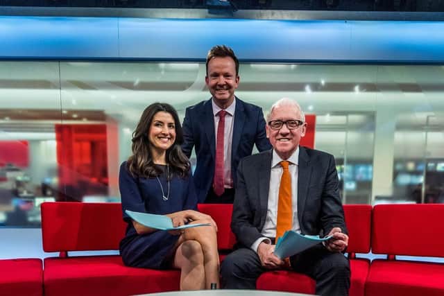 Paul Hudson on the BBC Look North sofa with Amy Garcia and Harry Gration