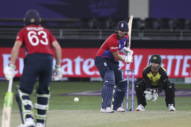 England's Dawid Malan bats against Australia in Dubai on Saturday. Picture: AP/Aijaz Rahi