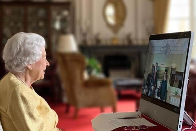 This was the Queen taking part in a video conference before scaling back her public duties on health grounds.
