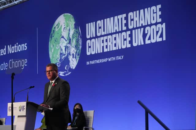 President for COP 26, Alok Sharma, speaks on stage during the opening ceremony at SECC in Glasgow, Scotland (PA)