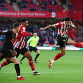 No way through: Sheffield United’s Morgan Gibbs-White fires off a shot in Saturday’s Championship clash with Blackpool at Bramall Lane, but it was to prove a frustrating day for the hosts.Pictures: Simon Bellis/Sportimage