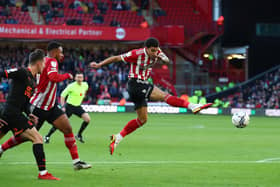 No way through: Sheffield United’s Morgan Gibbs-White fires off a shot in Saturday’s Championship clash with Blackpool at Bramall Lane, but it was to prove a frustrating day for the hosts.Pictures: Simon Bellis/Sportimage