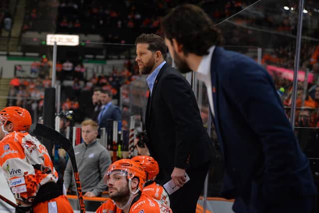 Aaron Fox, on the Sheffield Steelers' bench during Saturday's Challenge Cup win over Manchester Storm. Picture courtesy of Dean Woolley/EIHL.
