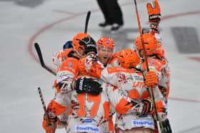 Sheffield Steelers' winger Matias Sointu, centre, sealed his hat-trick against Manchester Storm on Saturday night with an empty net strike in the last two minutes. Picture: Dean Woolley/EIHL.