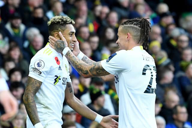 Leeds United's Raphinha is congratulated by Kalvin Phillips after scoring against Norwich City Picture: Simon Hulme
