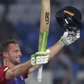 History maker: England's Jos Buttler celebrates after scoring a century during the Cricket Twenty20 World Cup match between England and Sri Lanka - the first England batsman to score centuries in each format. (AP Photo/Aijaz Rahi)