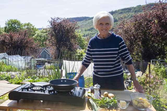 Mary Berry in Terry Walton's allotment, Wales.Picture BBC/Sidney Street/Endemol ShineUK/Francesca Mammato.