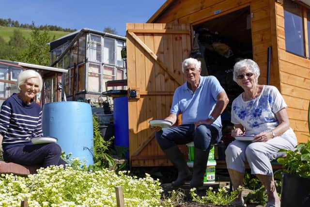 Mary Berry with Terry and Anthea Walton at their allotment, Wales. Picture : PA Photo/BBC/Sidney Street/Endemol ShineUK/Francesca Mammato.