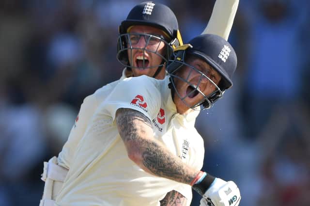 England batsmen Ben Stokes and Jack Leach celebrate victory over Australia at Headingley back in 2019.  (Photo by Stu Forster/Getty Images)
