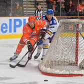 Sheffield Steelers captain Jonathan Phillips rounds the back of the Fife Flyers net during last month's win over their Scottish rivsals at Sheffield Arena.  Picture: Dean Woolley/EIHL