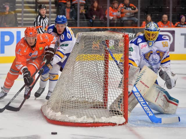 Sheffield Steelers captain Jonathan Phillips rounds the back of the Fife Flyers net during last month's win over their Scottish rivsals at Sheffield Arena.  Picture: Dean Woolley/EIHL