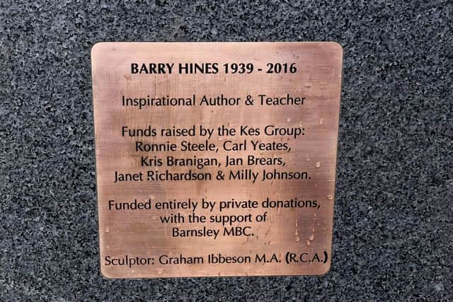 The plaque on the Barry Hines Kes Statue