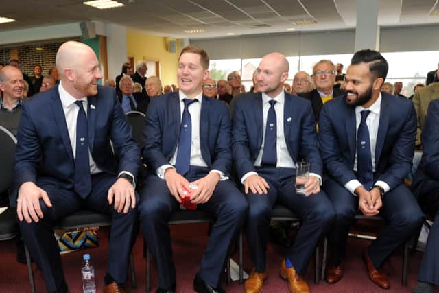 Gary Ballance, second left, with Azeem Rafiq, right, and fellow team-mates at the Yorkshire AGM in 2017 (Picture: YPN)