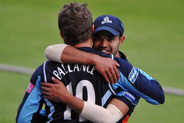 Yorkshire's Garry Ballance and Azeem Rafiq celebrate a win together in their playing days.